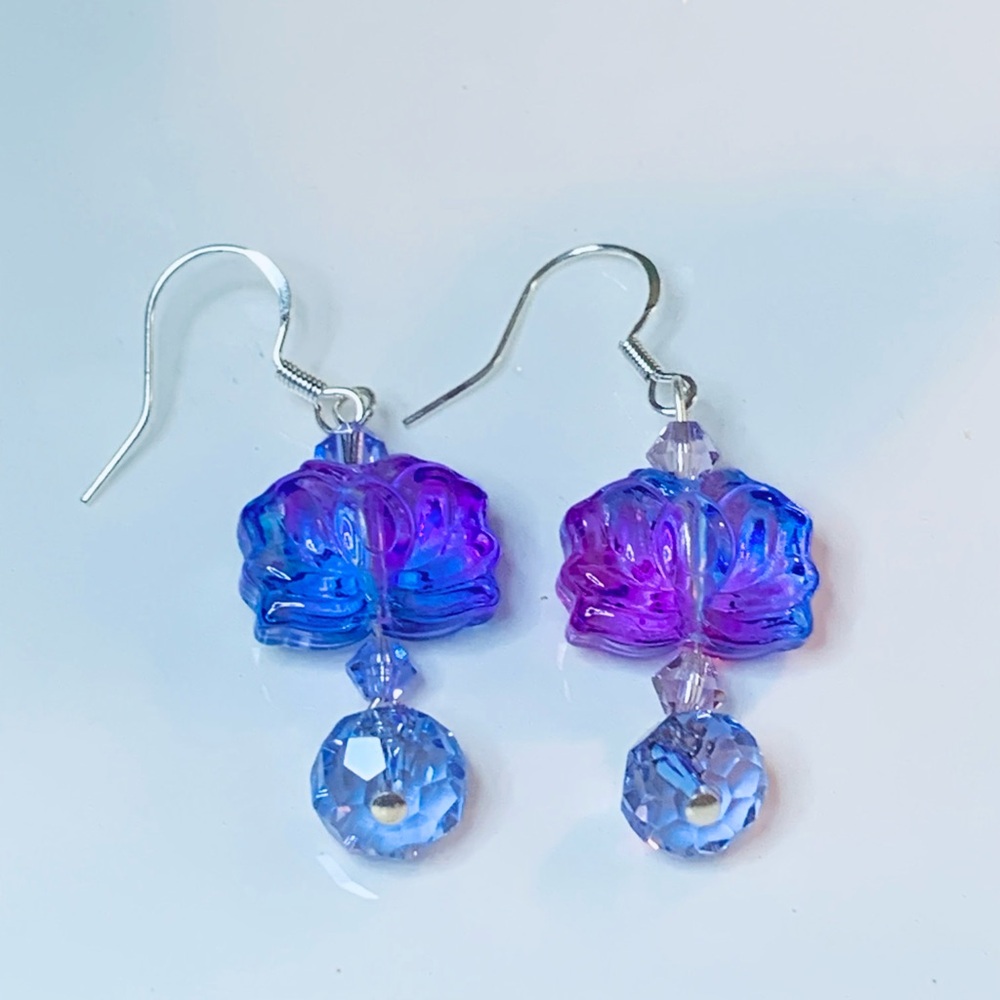 Handmade elegant Blue and Purple lotus flower and Swarovski crystal Earrings